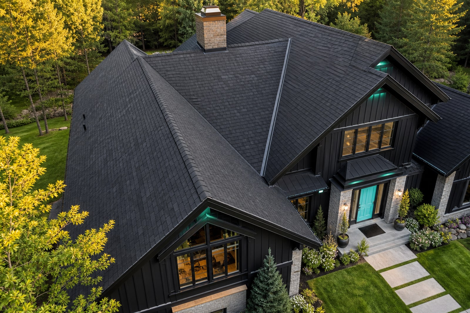 A roof with four Mint Scan inspection points marked: shingles, flashing and seals, valleys and vents, gutters and drainage